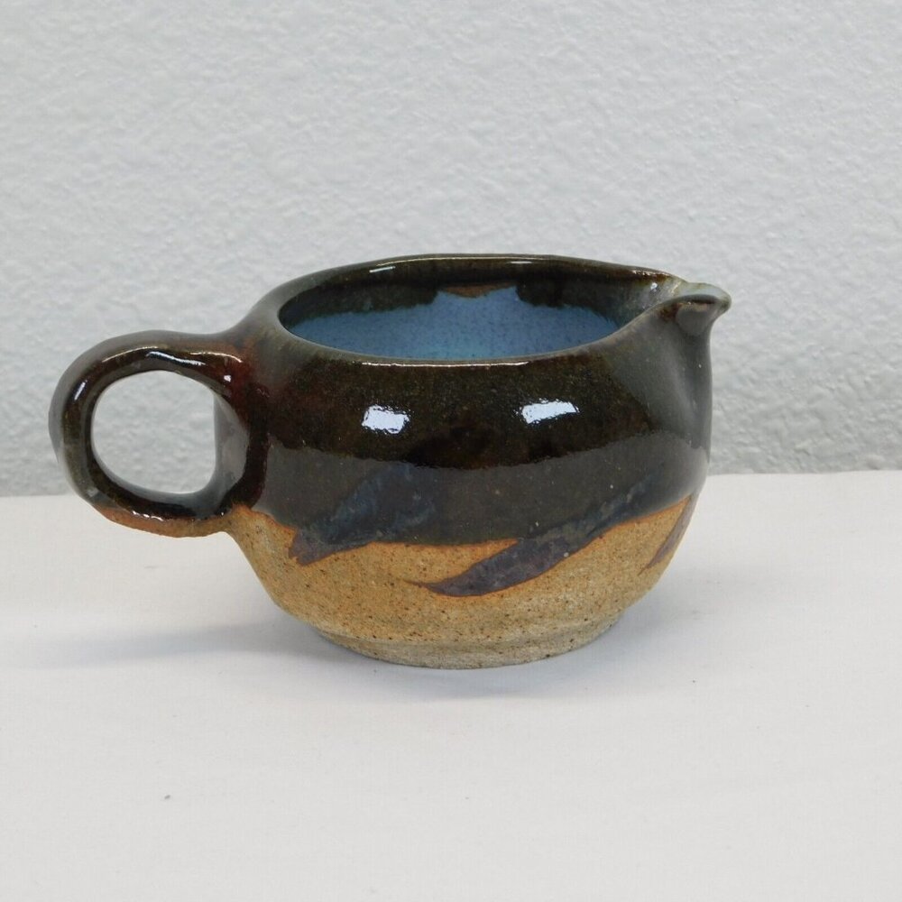 Handled Creamer Partial Glazed Stoneware Pottery Signed Clark Vintage Glossy
